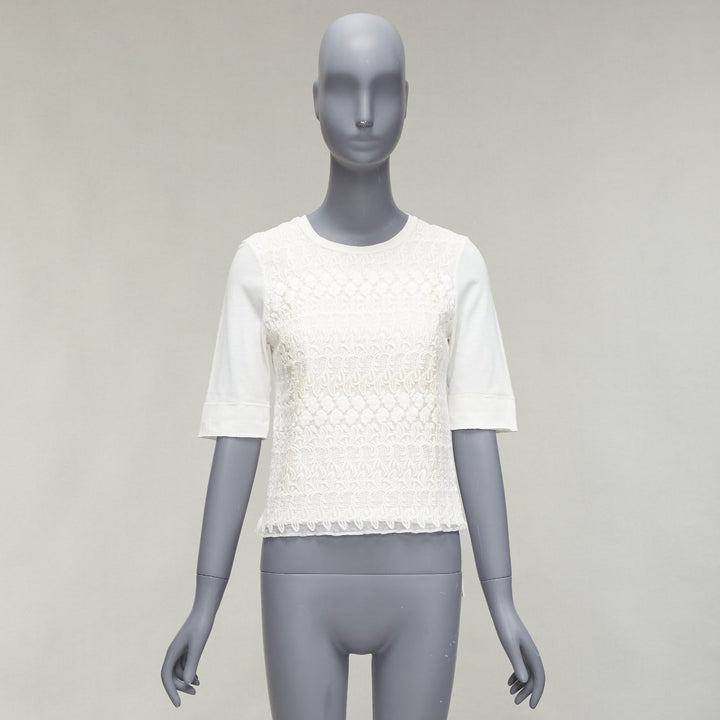 GIAMBATTISTA VALLI white cotton blend lace overlay front tshirt IT38 XS