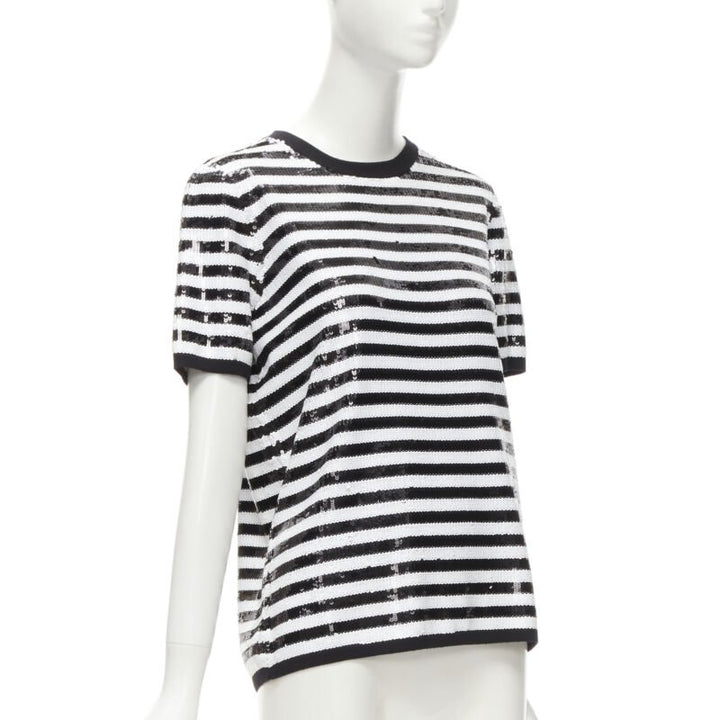 MICHAEL KORS COLLECTION 100% merino wool black white sequins striped boxy top XS