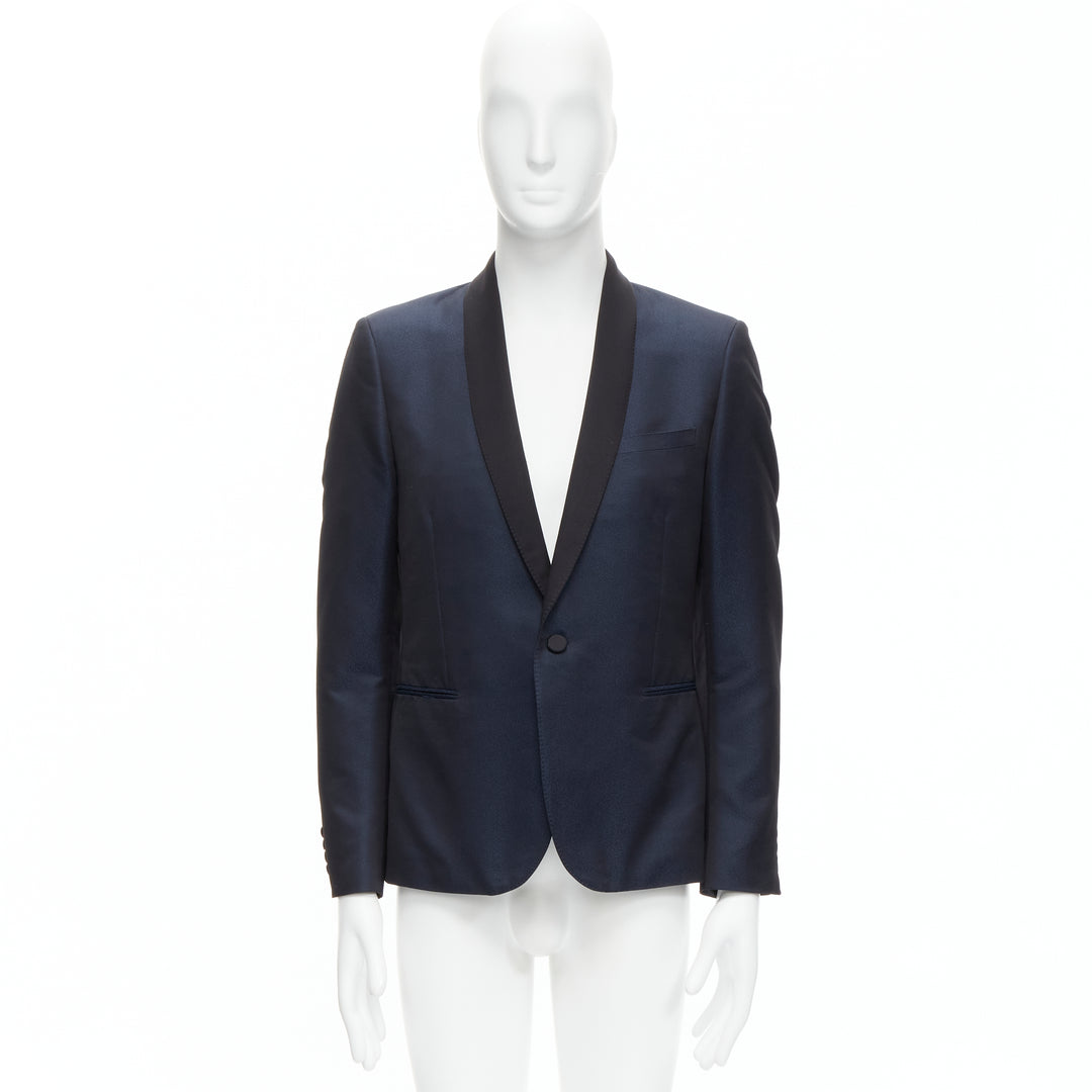 SAINT LAURENT navy metallic textured satin shawl tuxedo blazer EU50 L