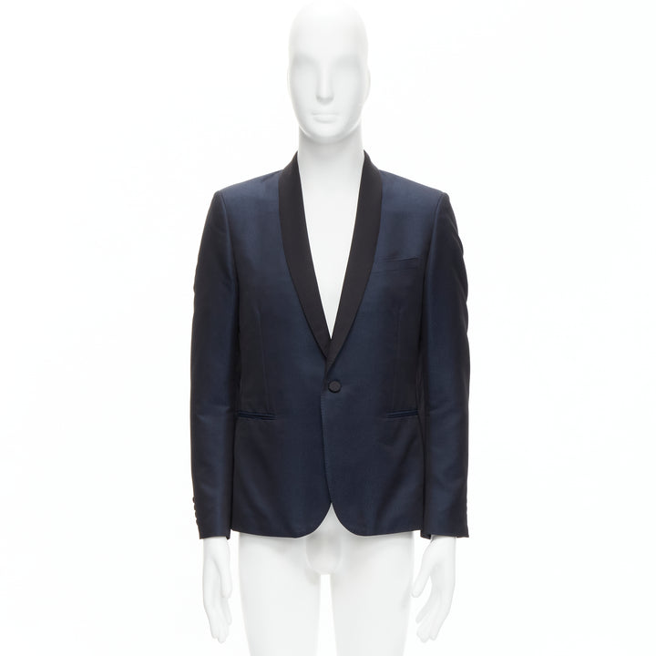 SAINT LAURENT navy metallic textured satin shawl tuxedo blazer EU50 L