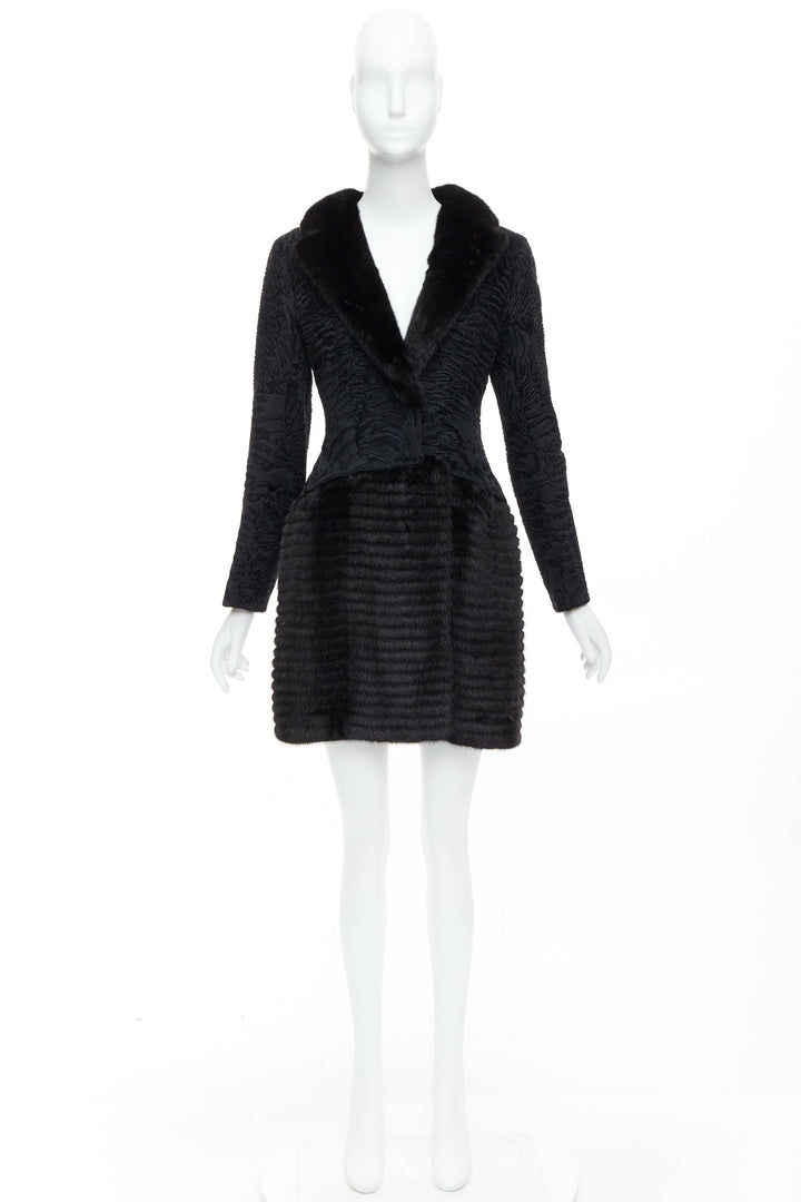 CHRISTIAN DIOR black lamb mink fur silk lined long coat FR38 M