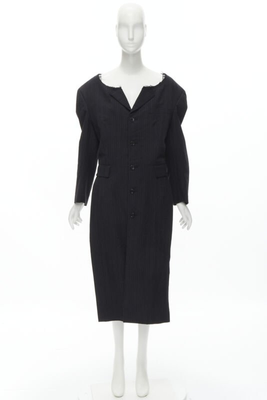 COMME DES GARCONS 1994 dark grey pinstripe frayed cut collar boxy coat M
