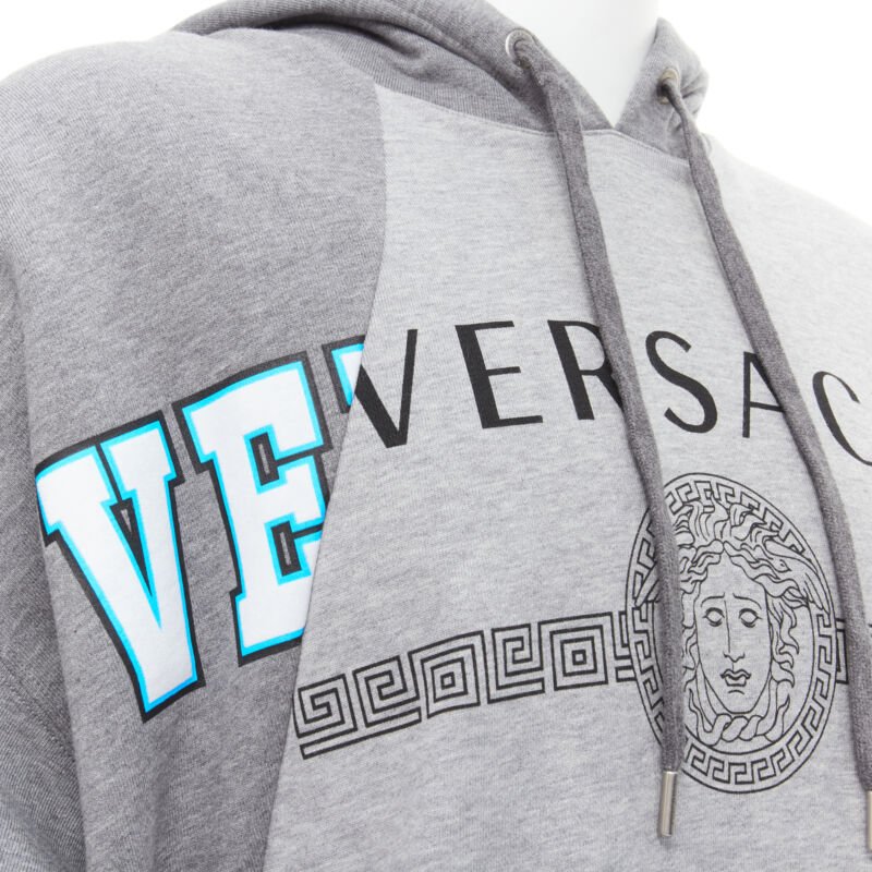 VERSACE Compilation deconstructed mixed logo cotton hoodie grey melange XS