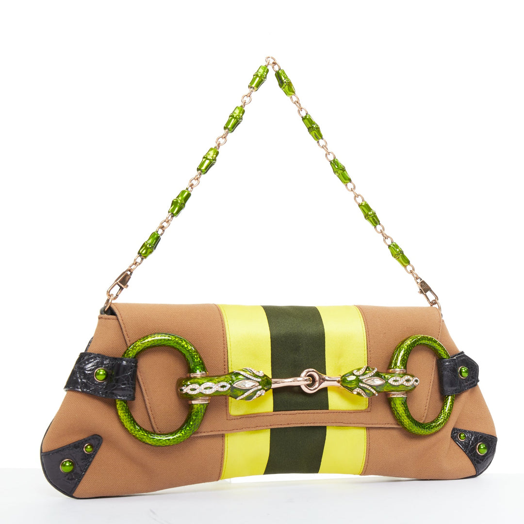 rare GUCCI Tom Ford 2004 green Dragon Horsebit crystal tan yellow canvas bag