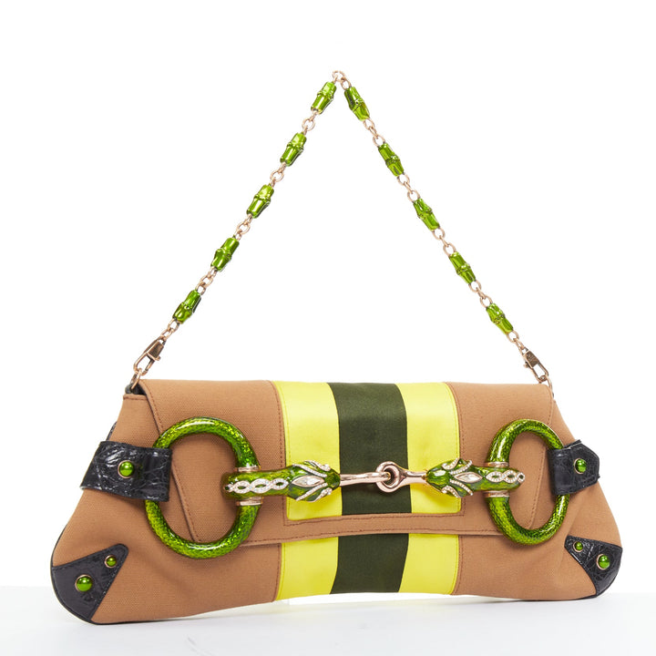 rare GUCCI Tom Ford 2004 green Dragon Horsebit crystal tan yellow canvas bag