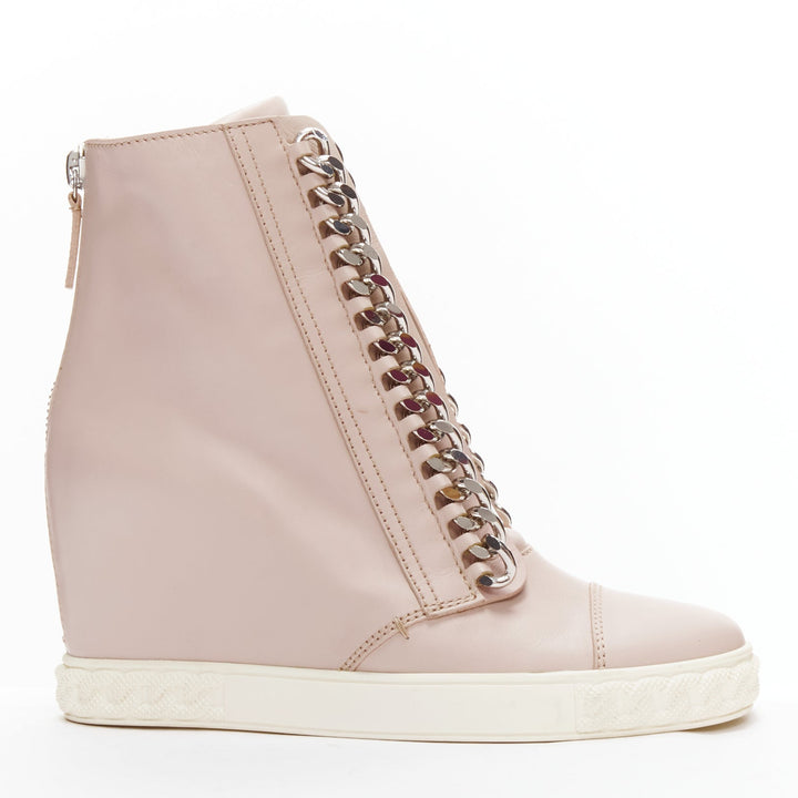 CASADEI pink leather silver chain trim ankle wedge sneakers EU39.5