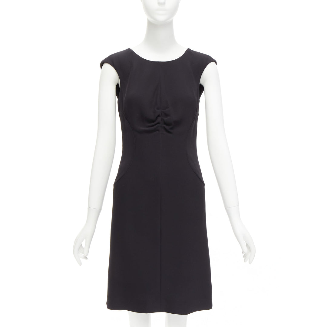 CHANEL 08P black 100% silk ruched front boned waist shift dress FR34 XS