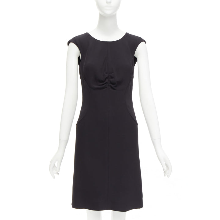 CHANEL 08P black 100% silk ruched front boned waist shift dress FR34 XS