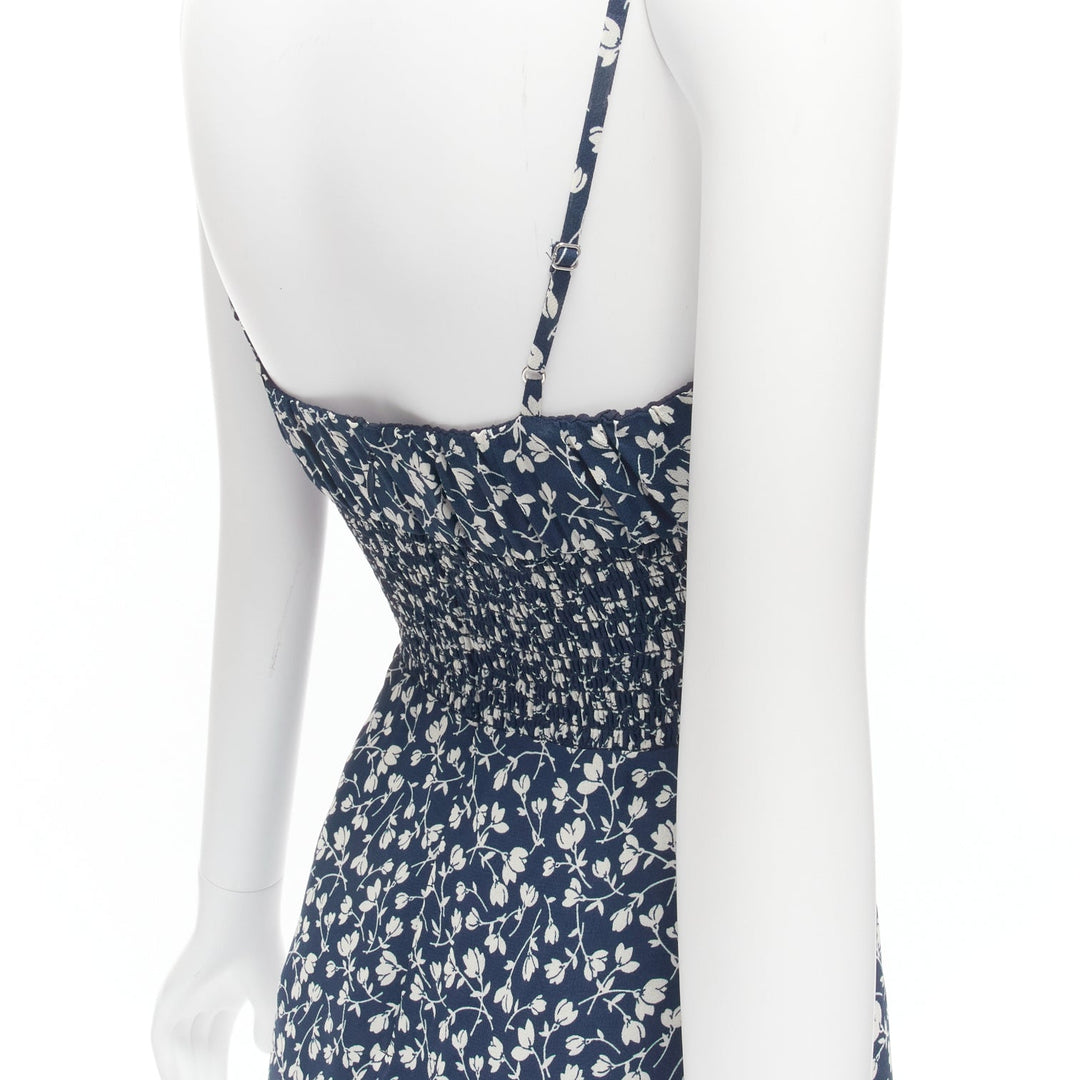 REFORMATION Elyse white navy floral print smocked bodice mini dress US2 S