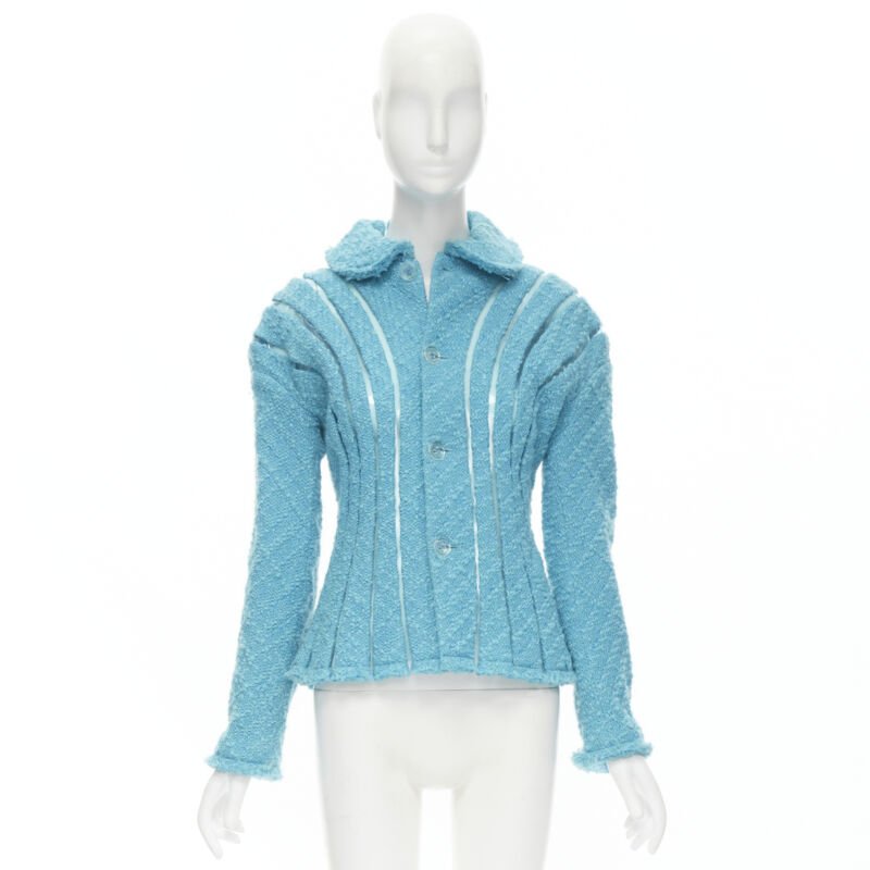 Runway JUNYA WATANABE 2001 teal blue boucle tweed PVC trimmed space age jacket S