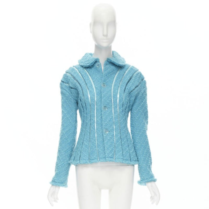 Runway JUNYA WATANABE 2001 teal blue boucle tweed PVC trimmed space age jacket S