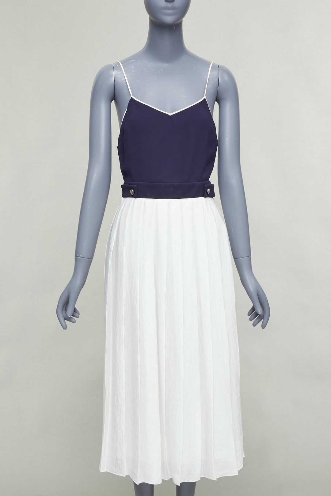 VVB VICTORIA BECKHAM navy white pleated buttoned strappy midi dress