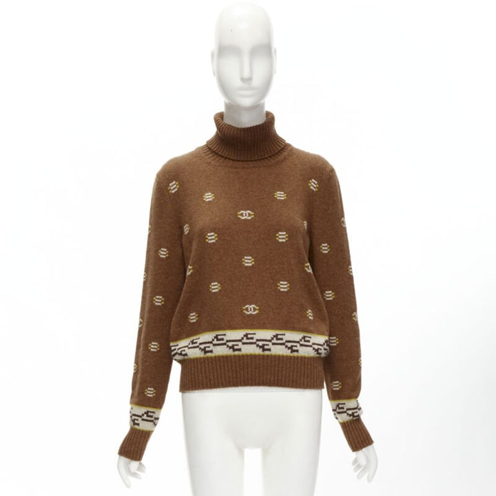 CHANEL 95% cashmere brown yellow CC logo intarsia turtleneck sweater FR42 XL