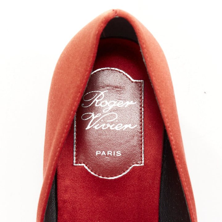 ROGER VIVIER red satin silver strass crystal buckle classic dress flats EU36.5