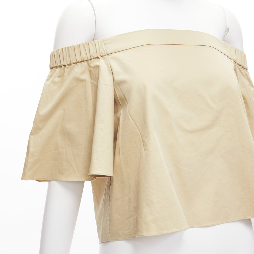 TIBI 100% cotton khaki off shoulder bell sleeves flared cropped top US0 XS
