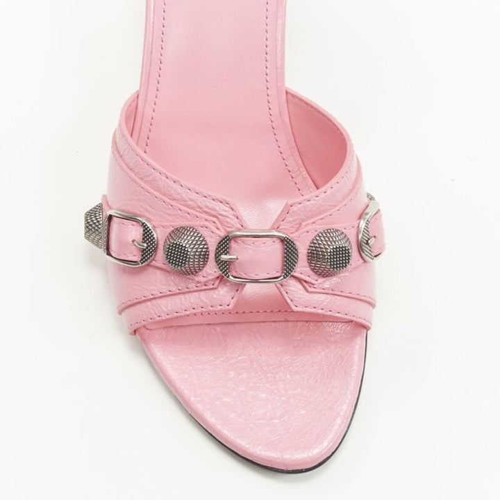BALENCIAGA 2022 Cagole pink leather silver studded mule heel EU38 US8