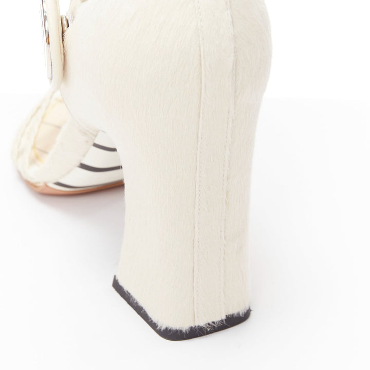 LOUIS VUITTON Anaconda white calf hair silver button braided chunky heel EU37