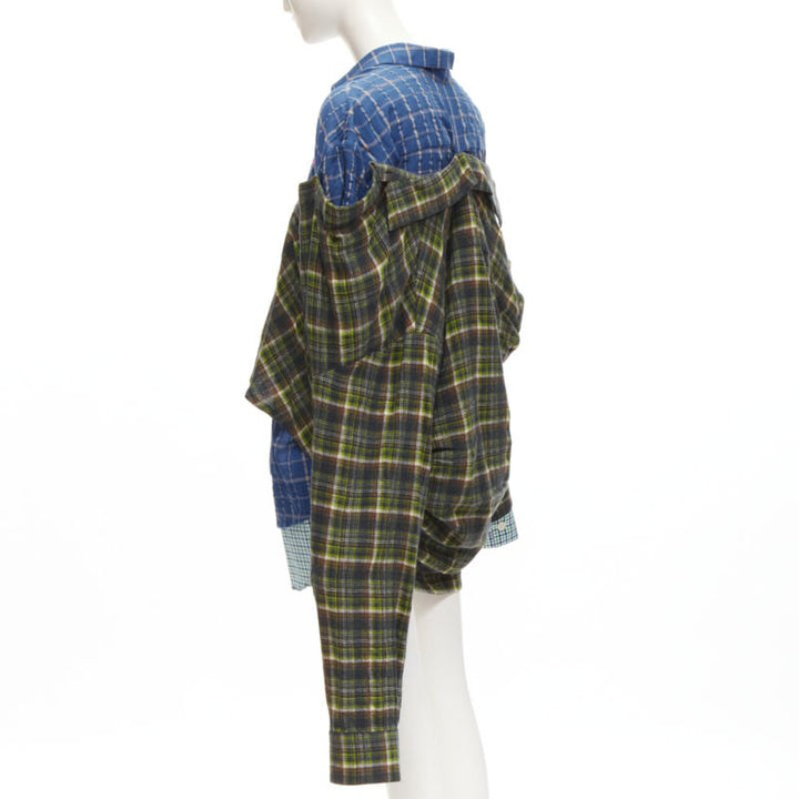 NATASHA ZINKO pink logo blue green trio deconstructed grunge plaid shirt FR34 XS
