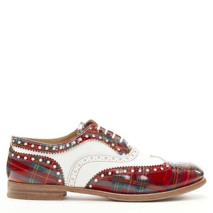 CHURCH'S Burwood red tartan patent white perforated leather brogue EU36.5
