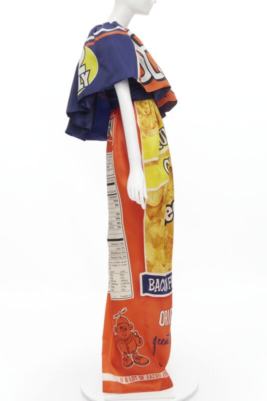 rare Runway MOSCHINO Couture! 2014 Junk Food Potato Chip one shoulder gown IT40