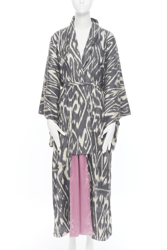 OSCAR DE LA RENTA SS19 Runway brown black leopard pink silk lined kimono L