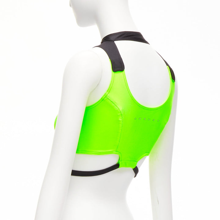 AMBUSH neon green black panelled logo back waist tie cropped sports top Size 1 S