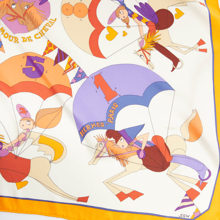 HERMES 100% silk Un Amour De Cheval print yellow purple scarf