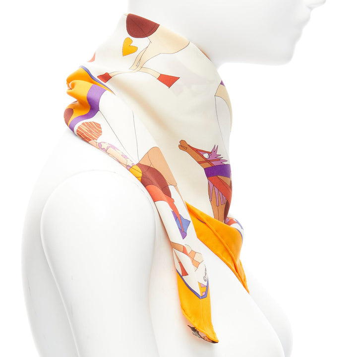 HERMES 100% silk Un Amour De Cheval print yellow purple scarf