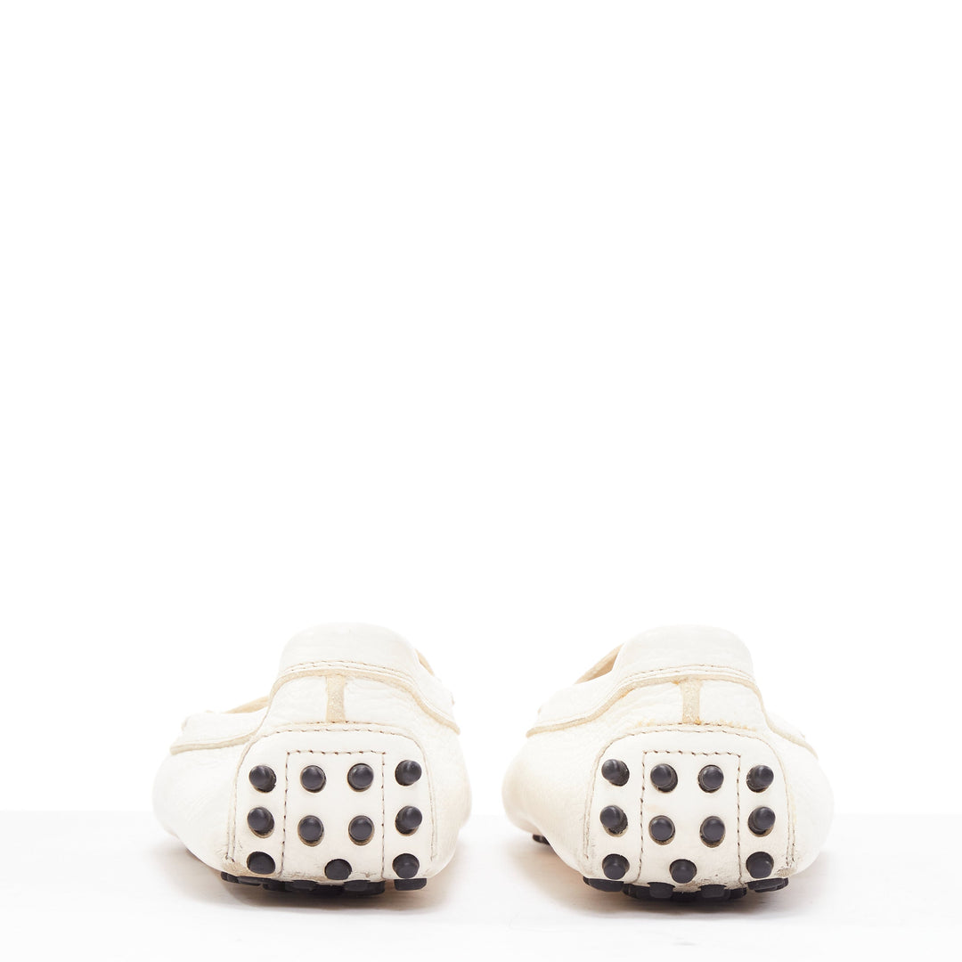 TOD'S Gommino cream textured leather black rubber studs driver shoes EU37
