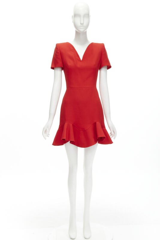 ALEXANDER MCQUEEN red wool crepe tulip neck flutter hem dress IT38 XS