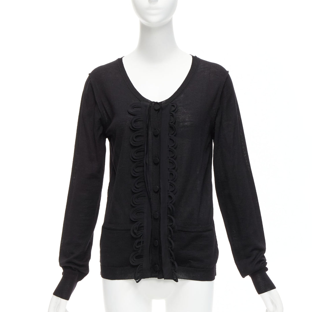 CHLOE black wool military scallop loop ruffle scoop neck cardigan M