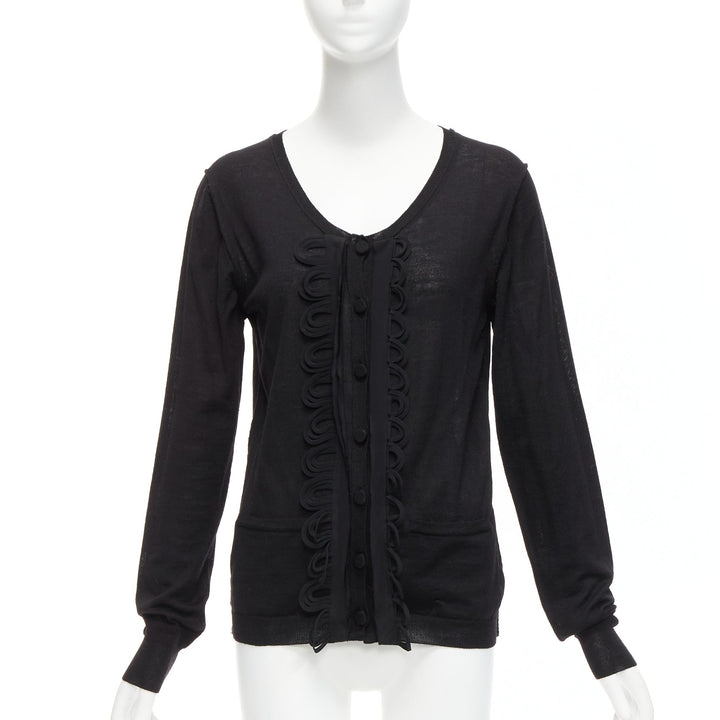 CHLOE black wool military scallop loop ruffle scoop neck cardigan M