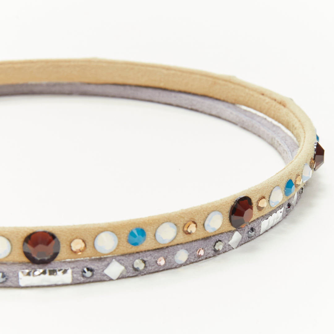 ALEXANDRE ZOUARI beige grey suede colorful rhinestone skinny headband X2
