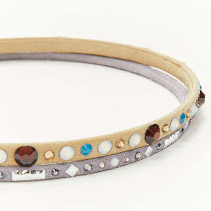 ALEXANDRE ZOUARI beige grey suede colorful rhinestone skinny headband X2