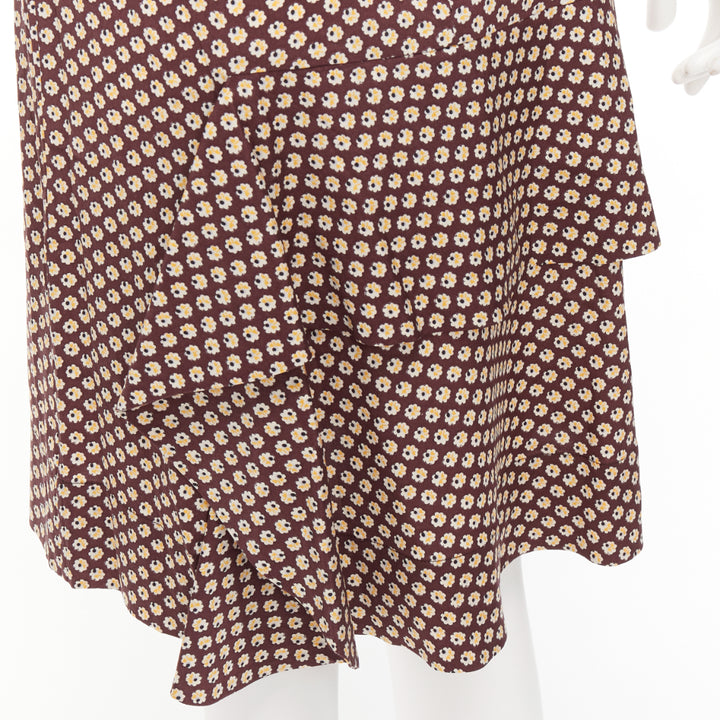MARNI brown yellow floral silk blend ruffle drape front mid skirt IT40 S