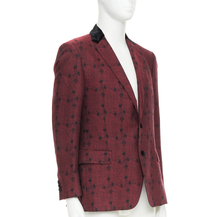 ETRO wine red velvet trim wool silk single breasted floral blazer IT52 XL