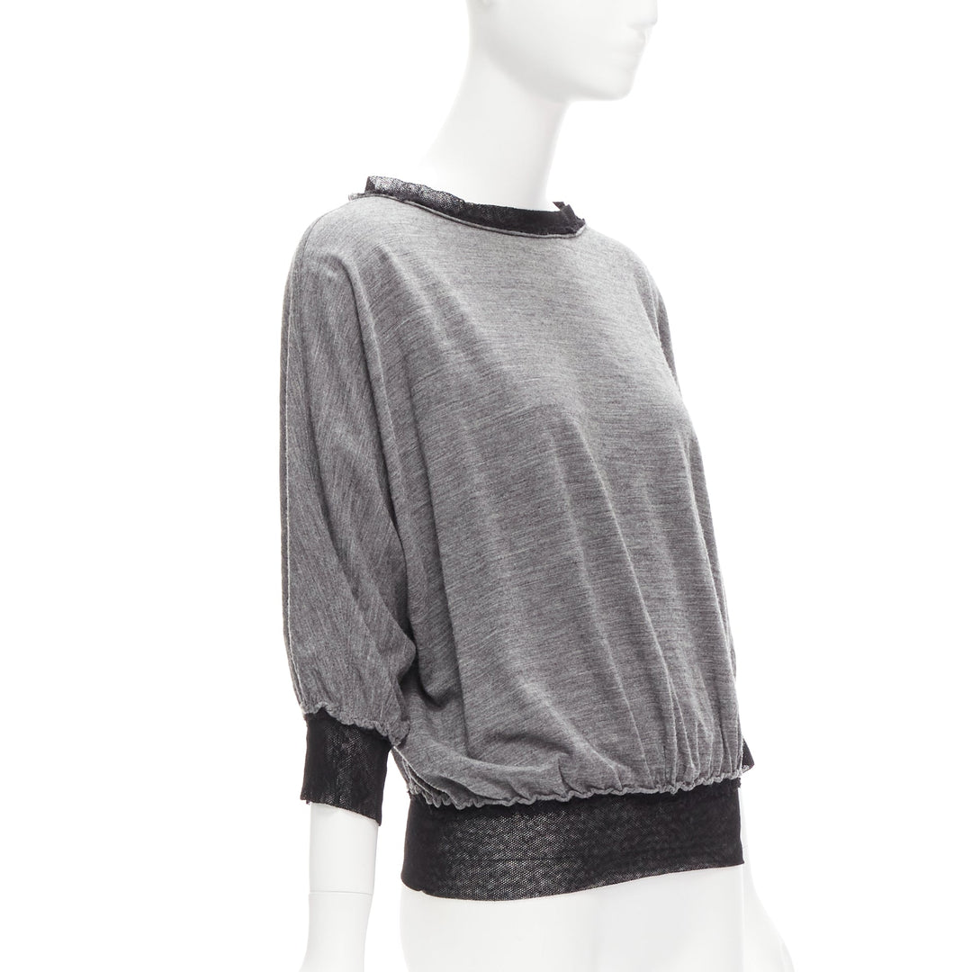 LANVIN 2005 light grey wool cashmere mesh trim batwing sweater FR36 S