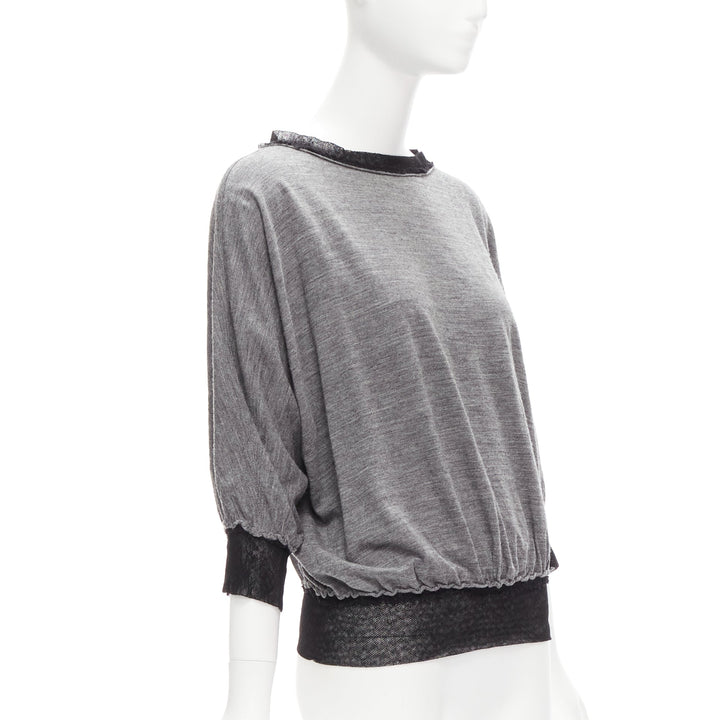 LANVIN 2005 light grey wool cashmere mesh trim batwing sweater FR36 S