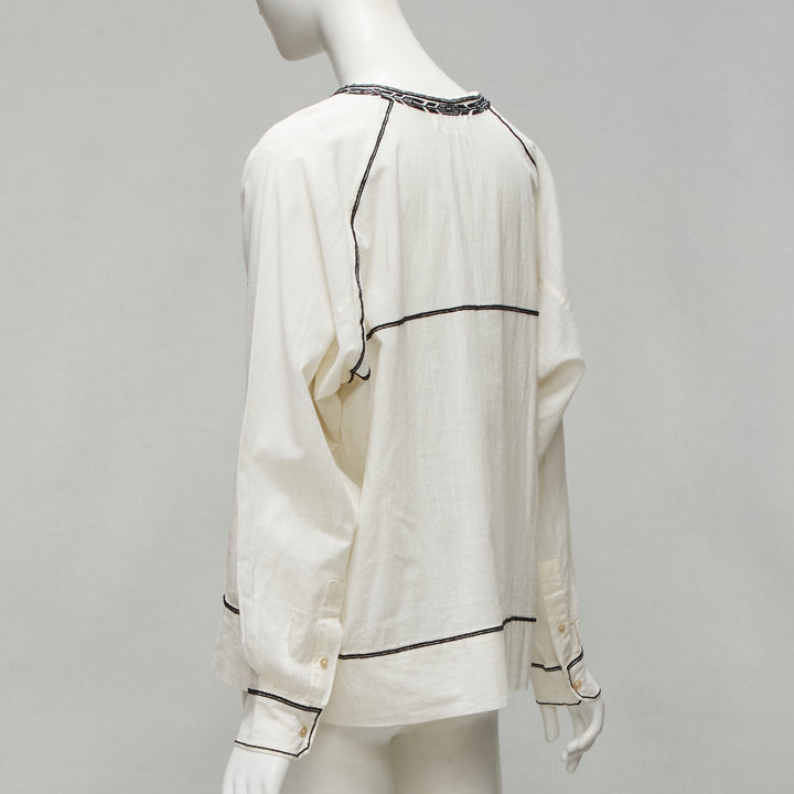 ISABEL MARANT ETOILE black embroidery cream cotton pocketed boho top FR36 S