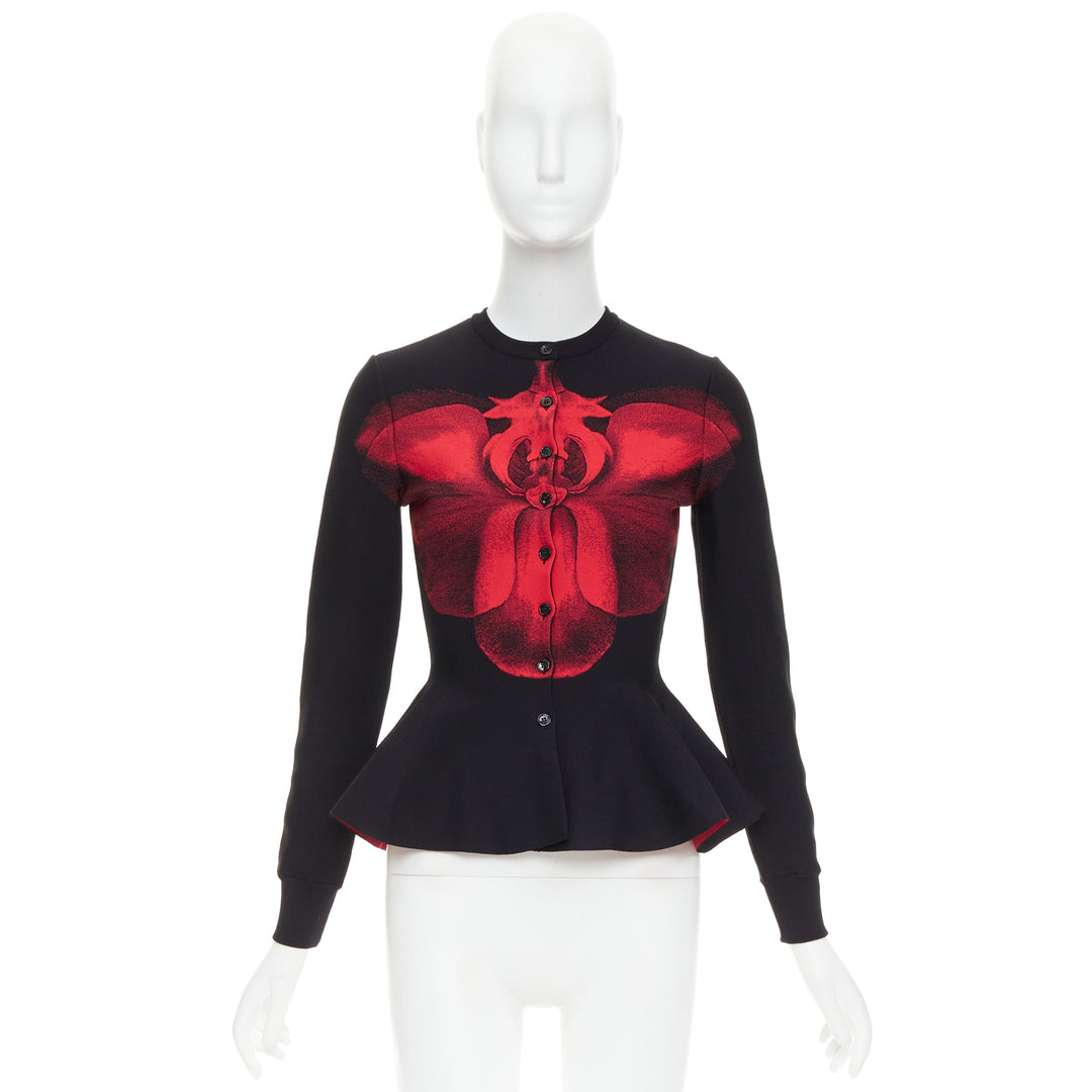 ALEXANDER MCQUEEN 2023 Ethereal Orchid red floral jacquard peplum cardigan S