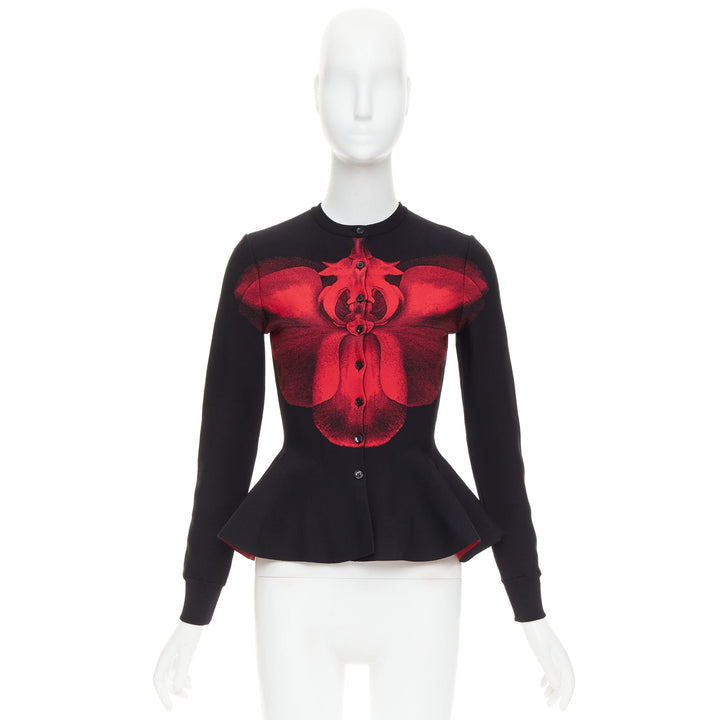 ALEXANDER MCQUEEN 2023 Ethereal Orchid red floral jacquard peplum cardigan S