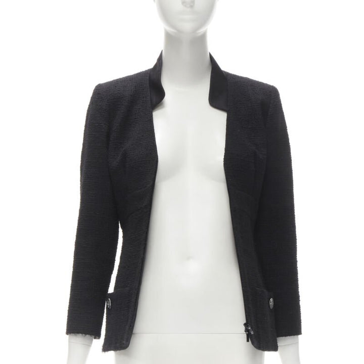 CHANEL 17C Paris Cuba lattice tweed Coco satin collar little black jacket FR36 S