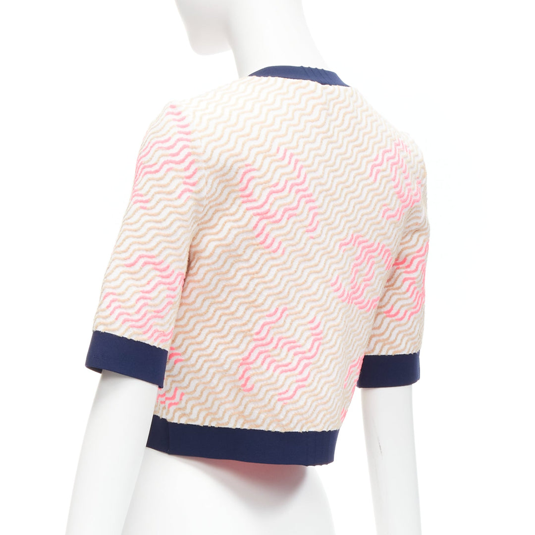 rare CHANEL pink applique logo twirl seashell button cropped cardigan FR38 M