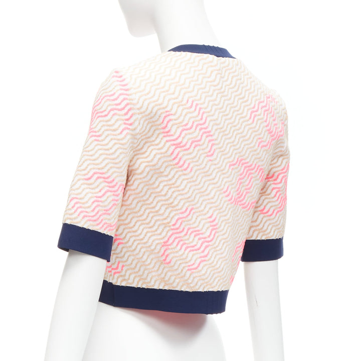 rare CHANEL pink applique logo twirl seashell button cropped cardigan FR38 M