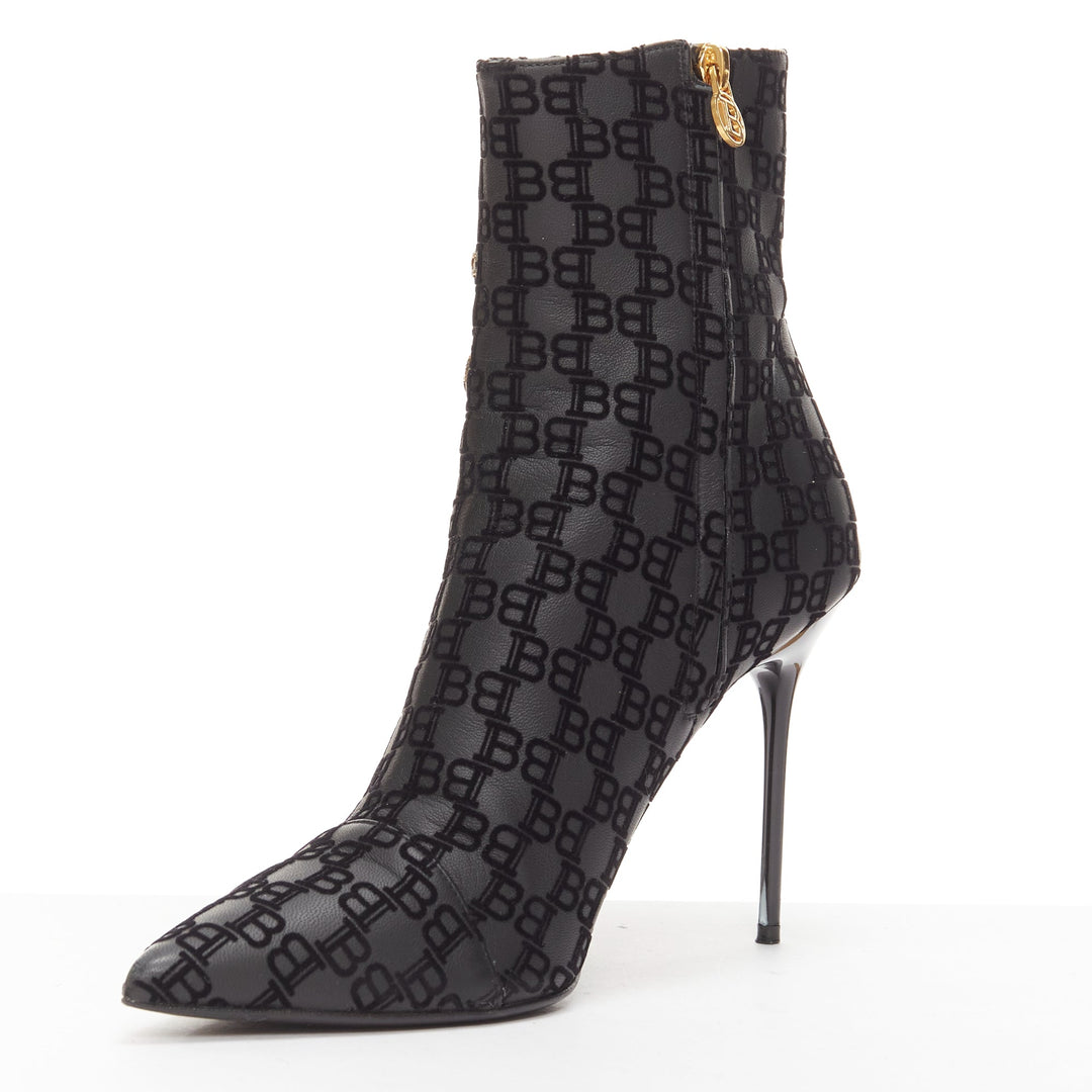 BALMAIN black BB monogram gold buttons high top stiletto boots EU38