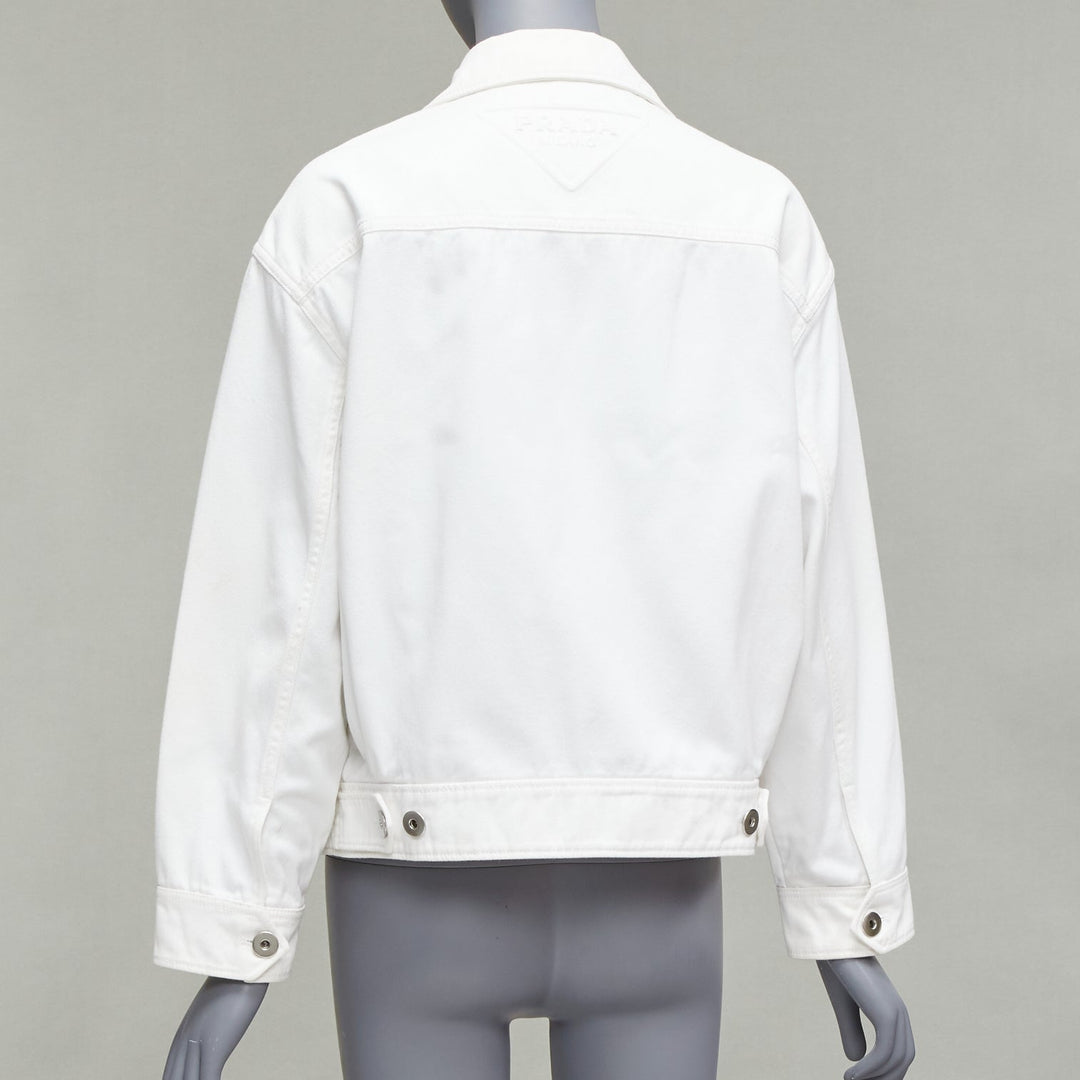 PRADA 2021 white denim 3D logo back pocketed cropped zip up jacket M