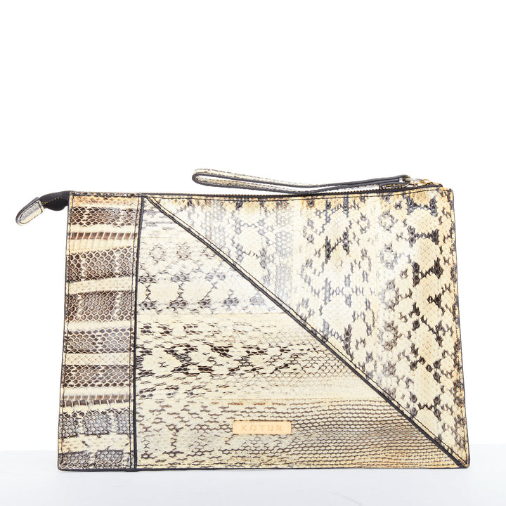 KOTUR cream black scaled leather gold zip charm pouch clutch bag