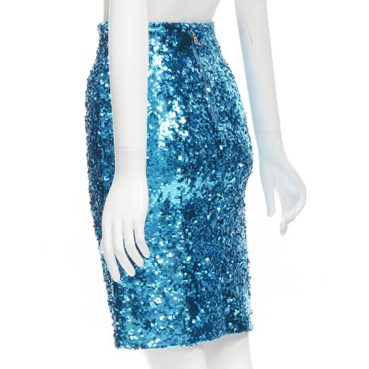 ALICE OLIVIA blue bling sequins side zip disco party pencil skirt US0 XS