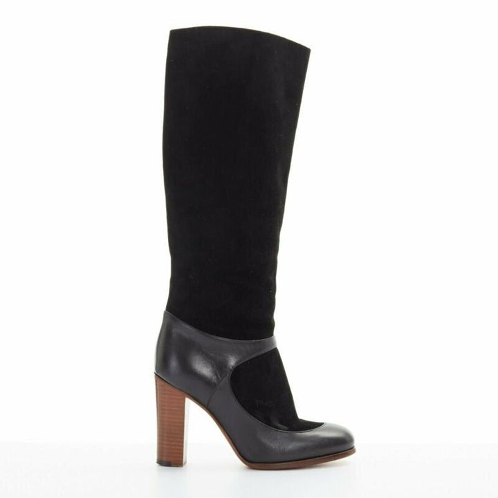 CELINE PHILO black suede sock ankle strap chunky wooden heel tall boot EU35.5