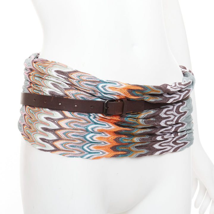 MISSONI multicolor wavey pattern fabric knitted brown leather wrap belt IT40 S